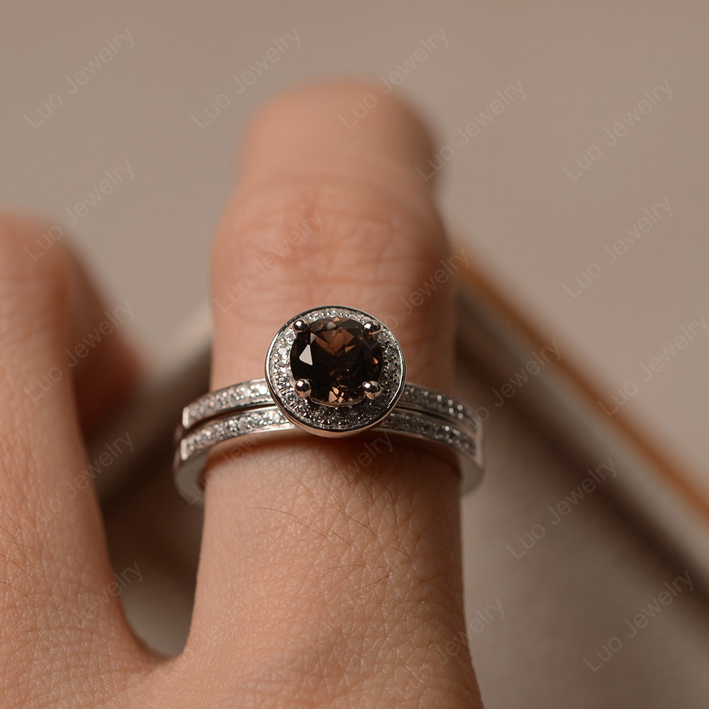 Round Cut Smoky Quartz  Halo Bridal Set Ring - LUO Jewelry