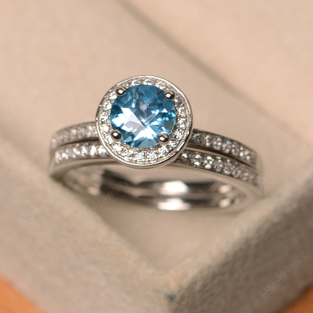 Round Cut Swiss Blue Topaz Halo Bridal Set Ring - LUO Jewelry