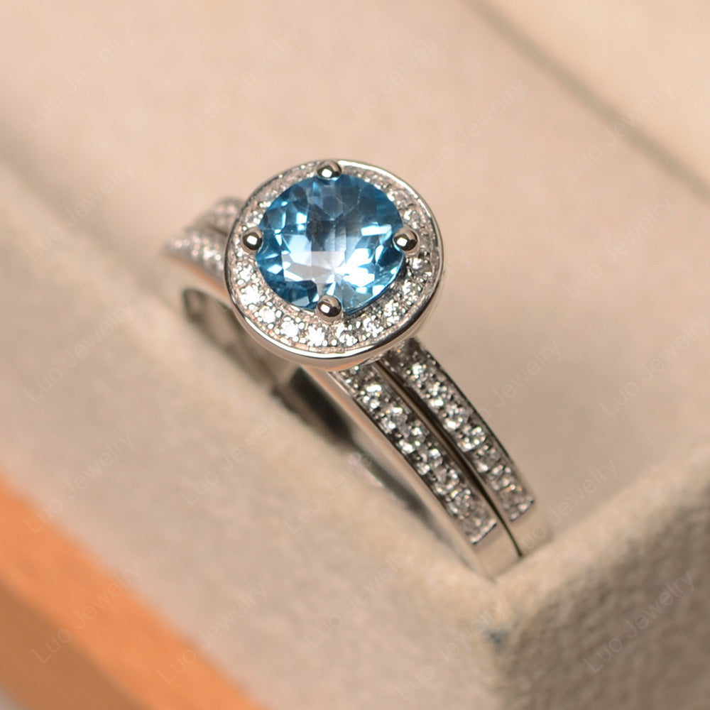 Round Cut Swiss Blue Topaz Halo Bridal Set Ring - LUO Jewelry