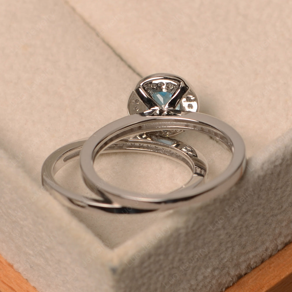 Round Cut Swiss Blue Topaz Halo Bridal Set Ring - LUO Jewelry