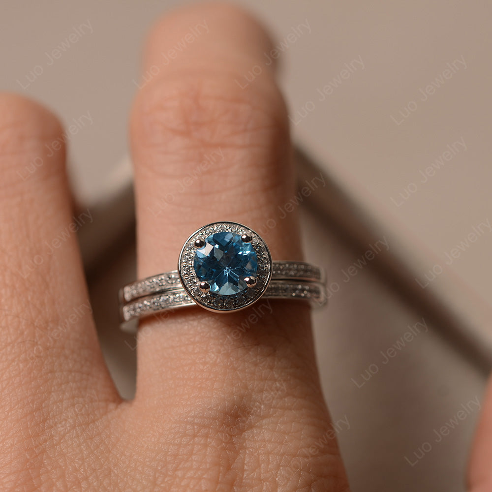 Round Cut Swiss Blue Topaz Halo Bridal Set Ring - LUO Jewelry