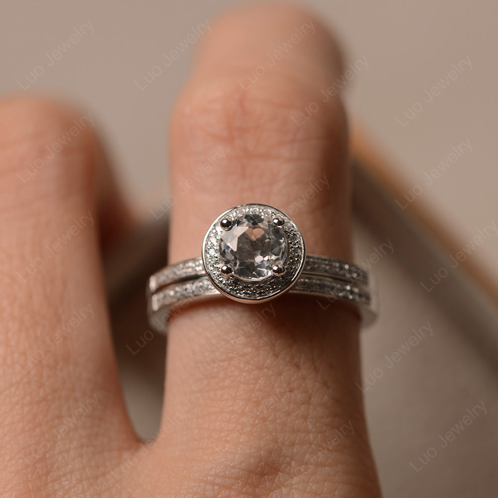 Round Cut White Topaz Halo Bridal Set Ring - LUO Jewelry