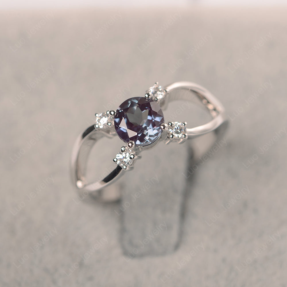 Round Cut Alexandrite Ring Split Shank Silver - LUO Jewelry