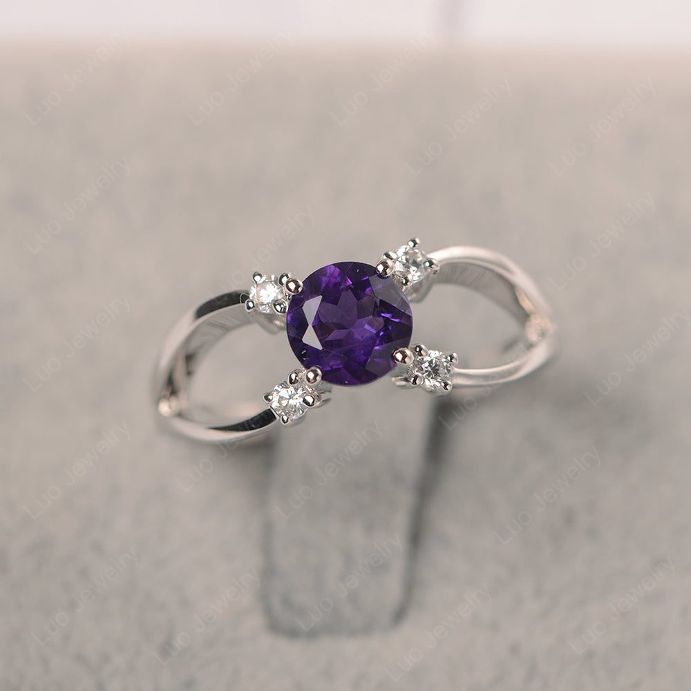 Round Cut Amethyst Ring Split Shank Silver - LUO Jewelry