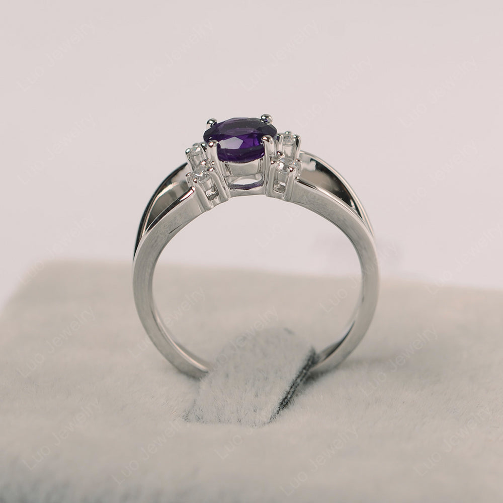 Round Cut Amethyst Ring Split Shank Silver - LUO Jewelry