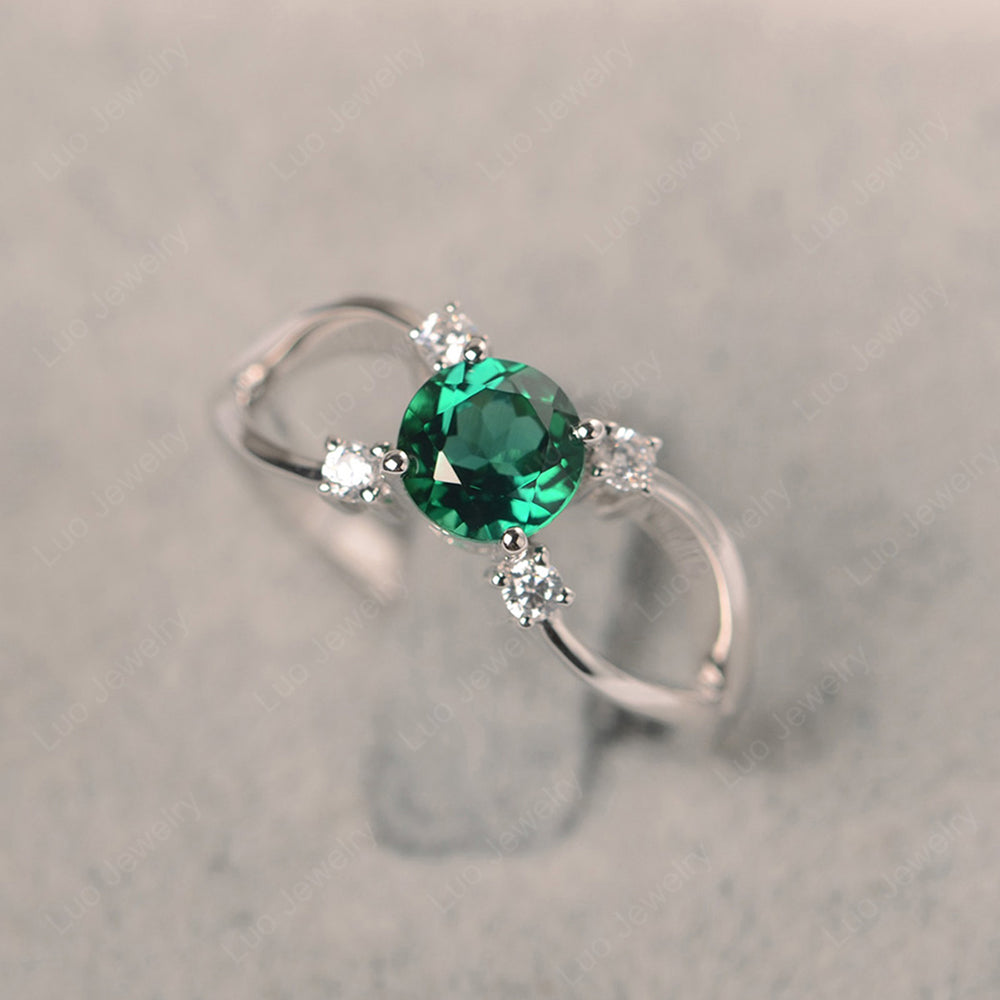 Round Cut Lab Emerald Ring Split Shank Silver - LUO Jewelry