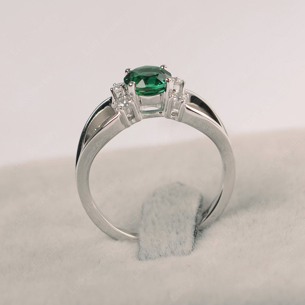 Round Cut Lab Emerald Ring Split Shank Silver - LUO Jewelry