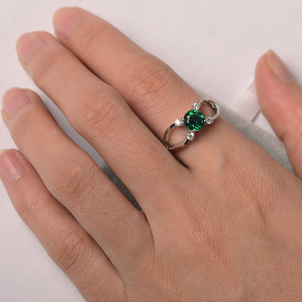Round Cut Lab Emerald Ring Split Shank Silver - LUO Jewelry