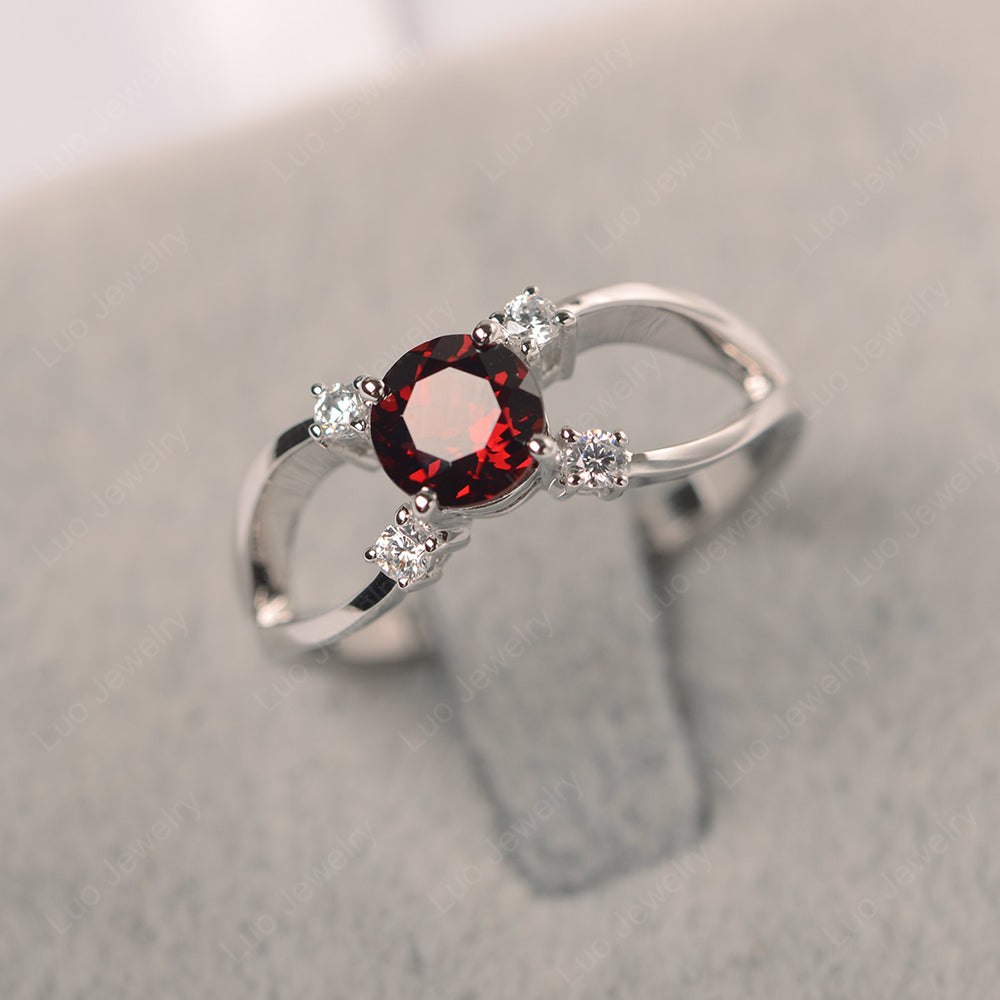 Round Cut Garnet Ring Split Shank Silver - LUO Jewelry