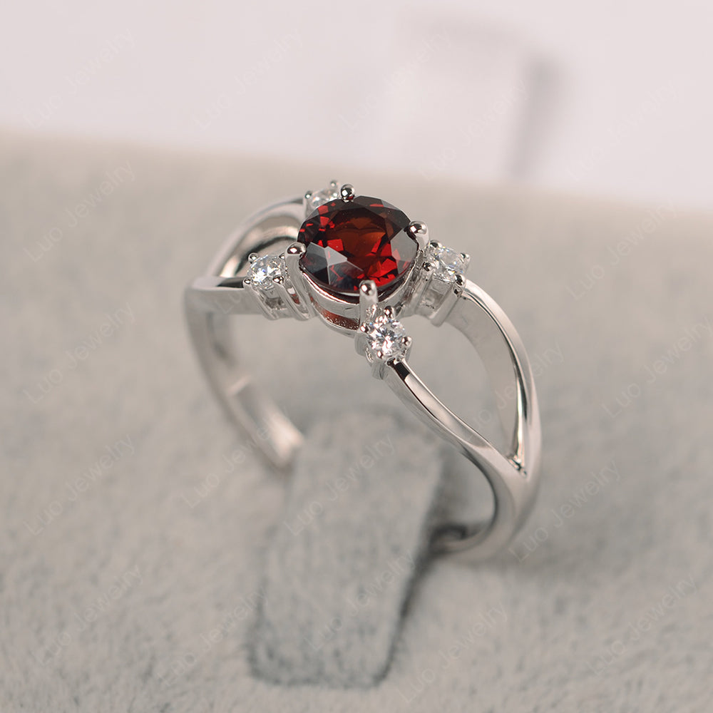 Round Cut Garnet Ring Split Shank Silver - LUO Jewelry