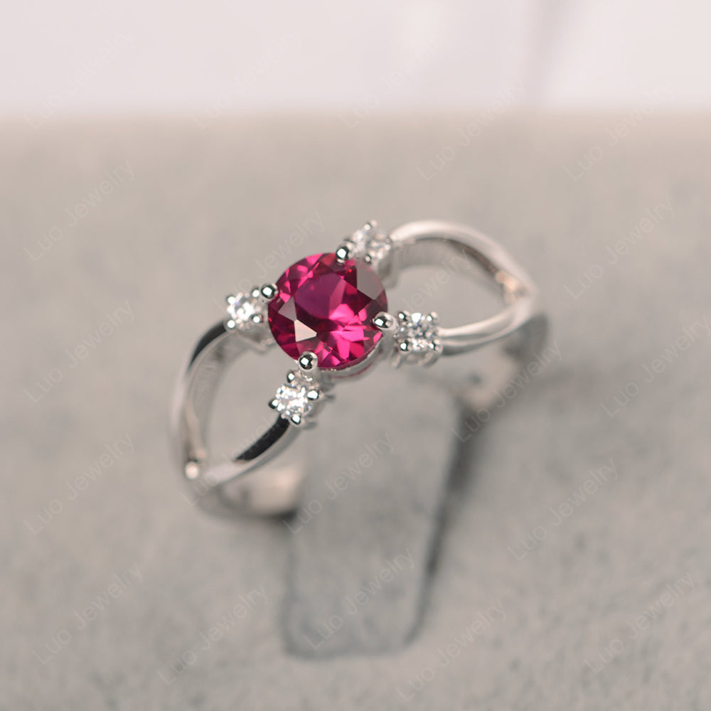 Round Cut Ruby Ring Split Shank Silver - LUO Jewelry