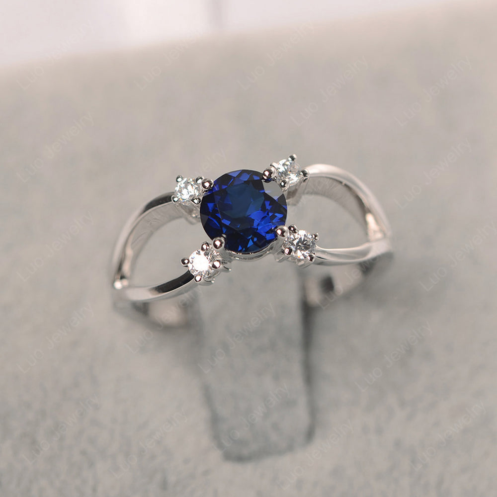 Round Cut Lab Sapphire Ring Split Shank Silver - LUO Jewelry