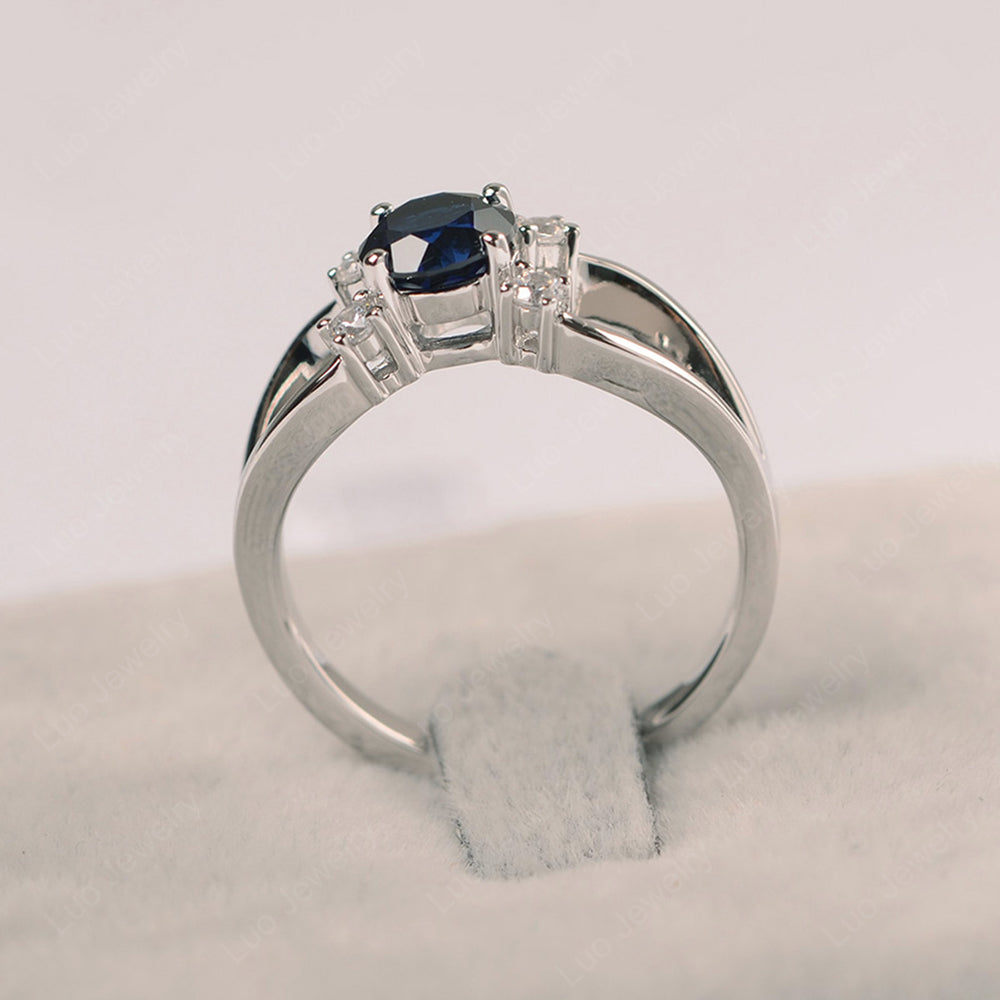 Round Cut Lab Sapphire Ring Split Shank Silver - LUO Jewelry