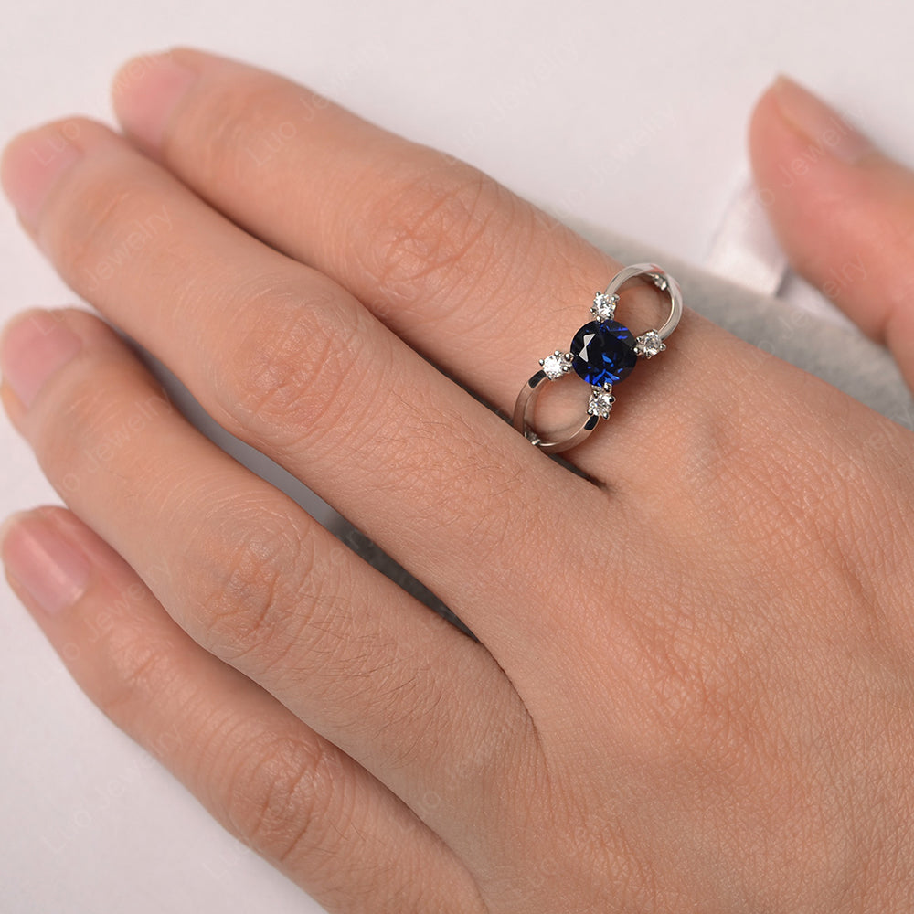 Round Cut Lab Sapphire Ring Split Shank Silver - LUO Jewelry