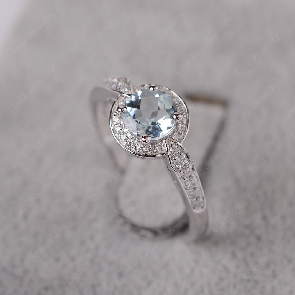 Round Cut Aquamarine Halo Wedding Ring Gold - LUO Jewelry