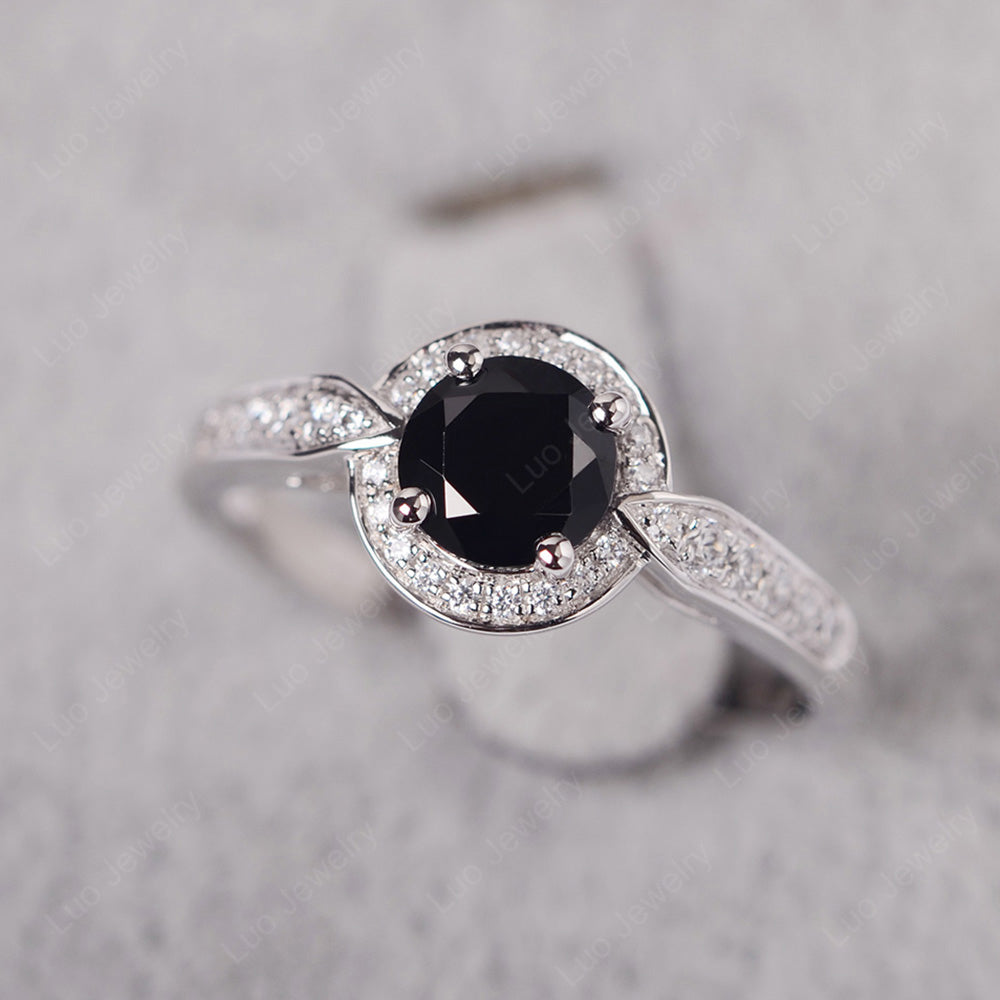 Round Cut Black Stone Halo Wedding Ring Gold - LUO Jewelry