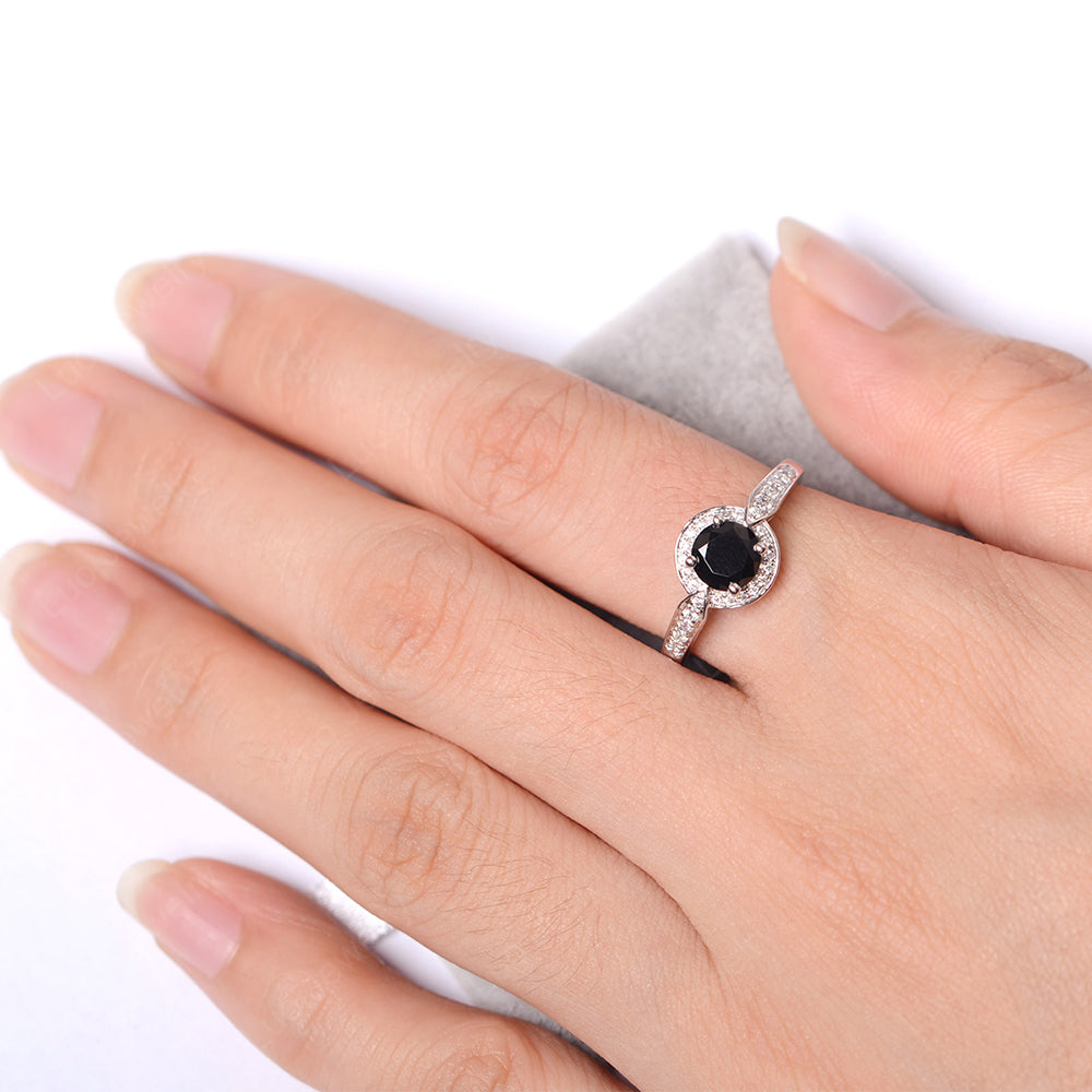 Round Cut Black Stone Halo Wedding Ring Gold - LUO Jewelry