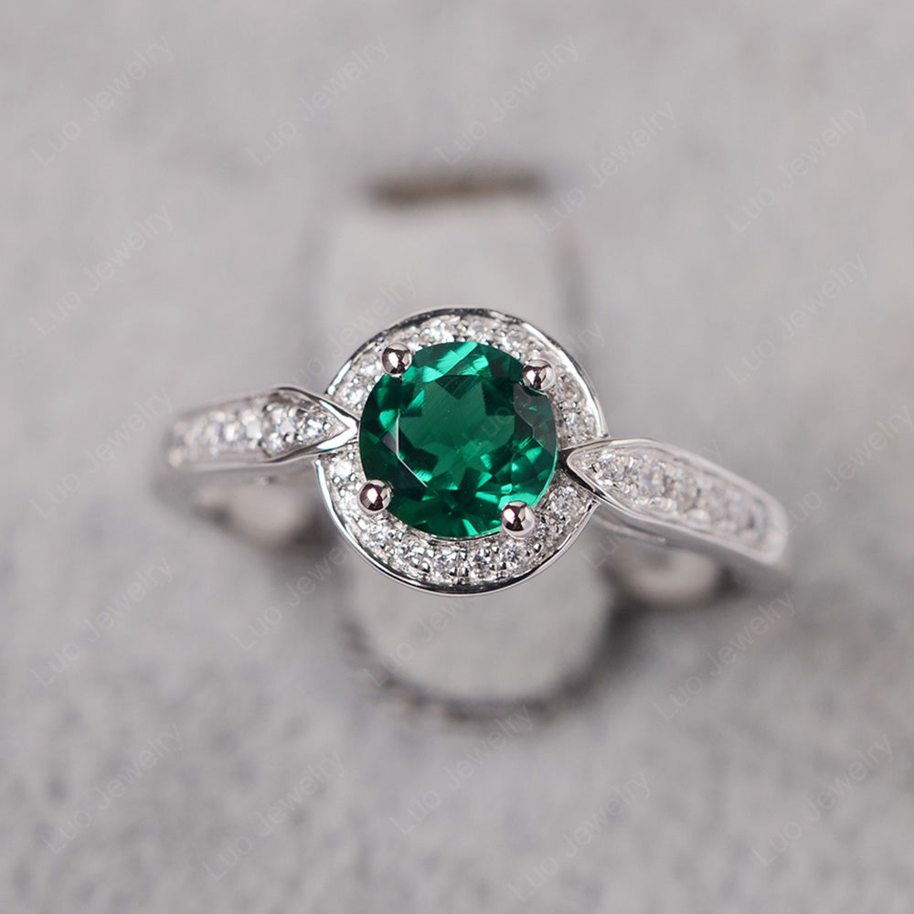 Round Cut Lab Emerald Halo Wedding Ring Gold - LUO Jewelry