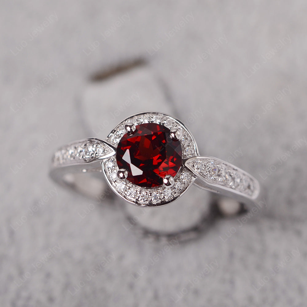 Round Cut Garnet Halo Wedding Ring Gold - LUO Jewelry