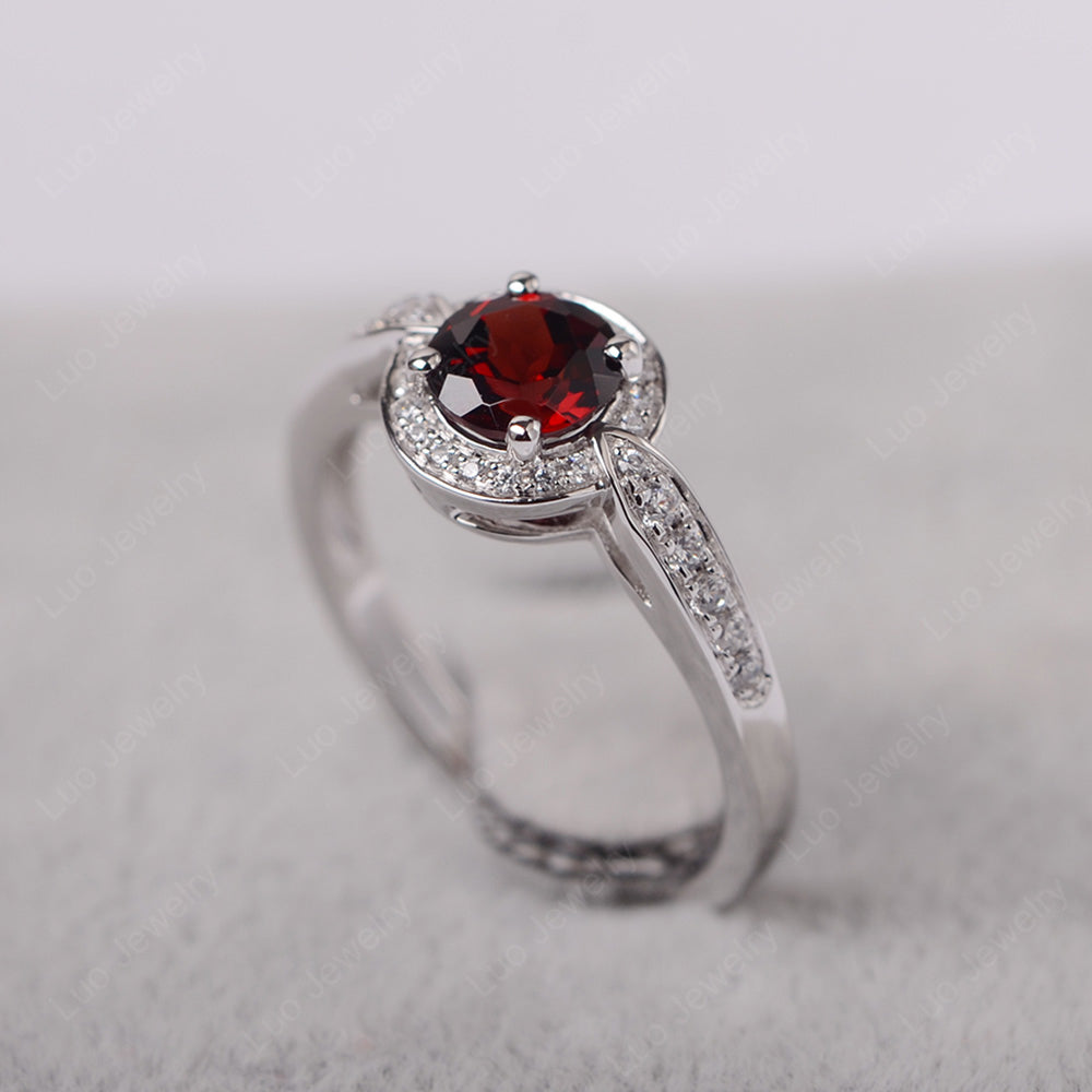 Round Cut Garnet Halo Wedding Ring Gold - LUO Jewelry