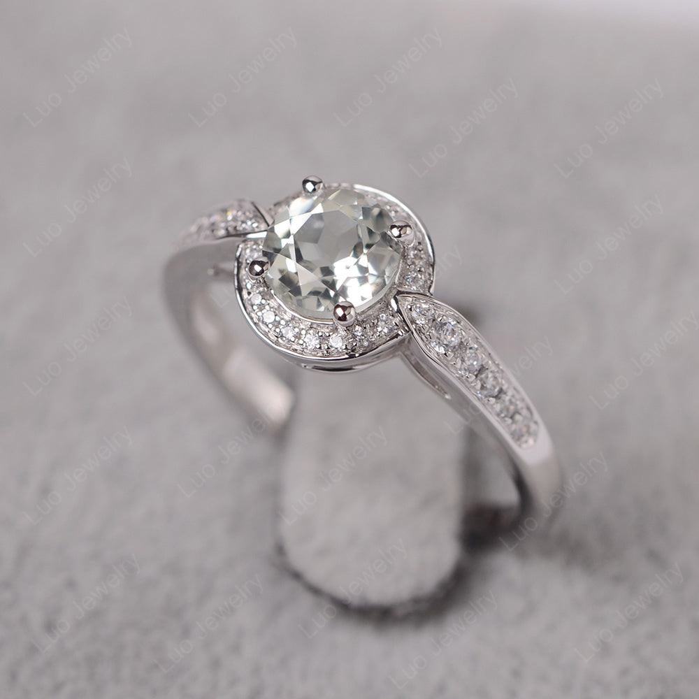 Round Cut Green Amethyst Halo Wedding Ring Gold - LUO Jewelry
