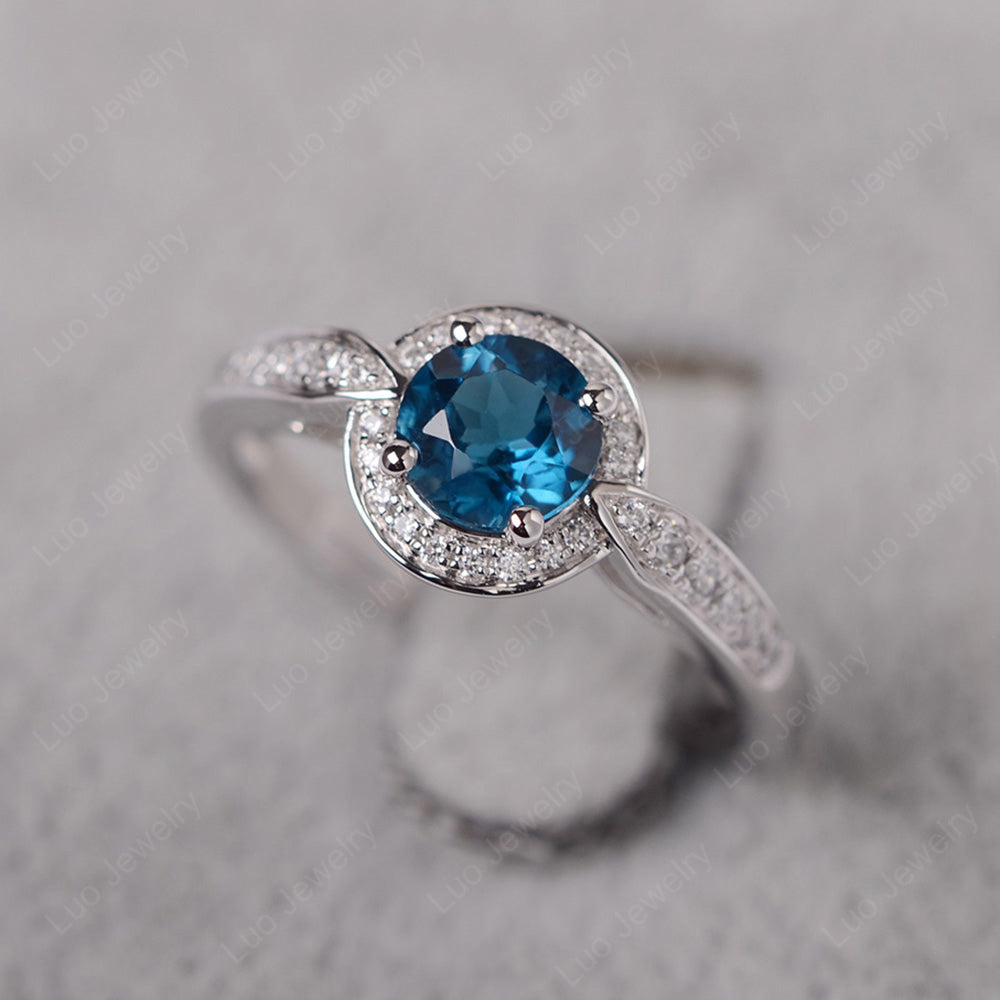 Round Cut London Blue Topaz Halo Wedding Ring Gold - LUO Jewelry