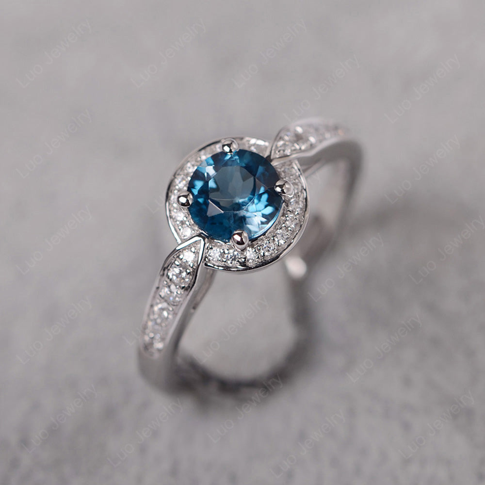 Round Cut London Blue Topaz Halo Wedding Ring Gold - LUO Jewelry