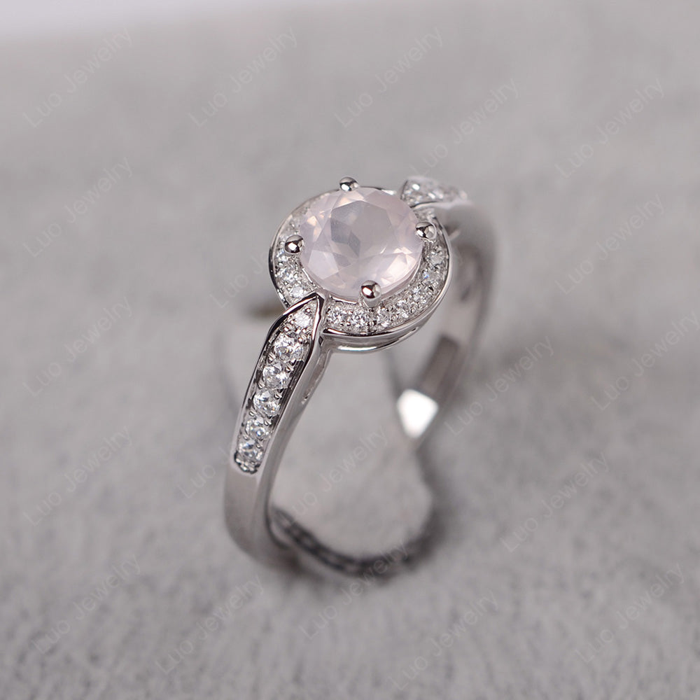 Round Cut Rose Quartz Halo Wedding Ring Gold - LUO Jewelry