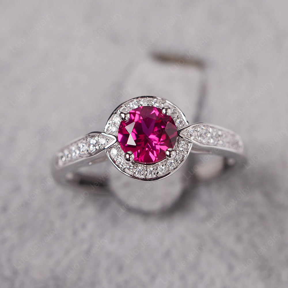 Round Cut Ruby Halo Wedding Ring Gold - LUO Jewelry
