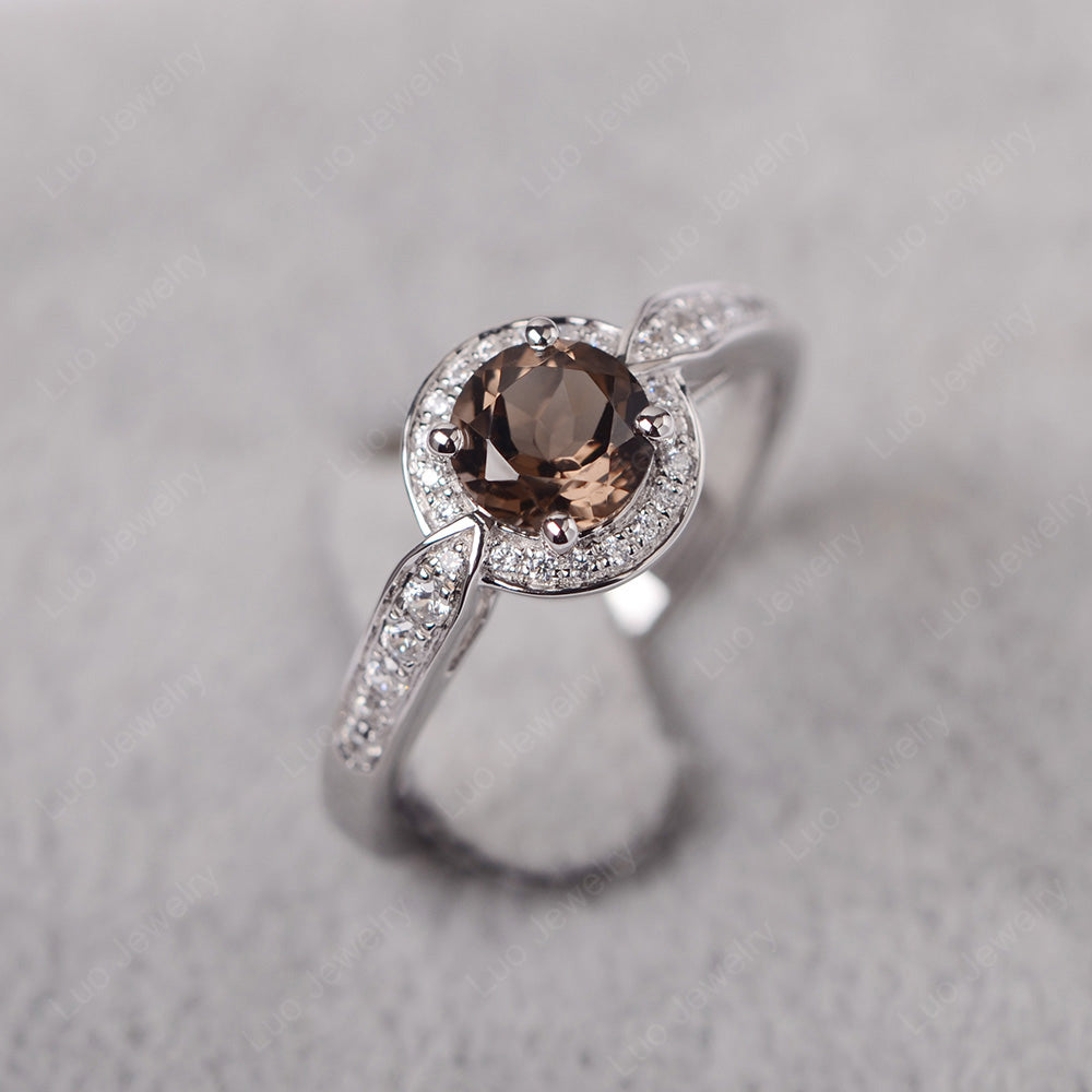 Round Cut Smoky Quartz  Halo Wedding Ring Gold - LUO Jewelry