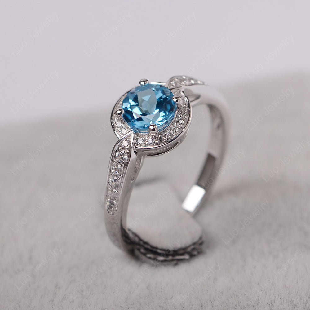 Round Cut Swiss Blue Topaz Halo Wedding Ring Gold - LUO Jewelry