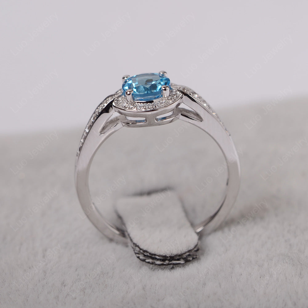 Round Cut Swiss Blue Topaz Halo Wedding Ring Gold - LUO Jewelry