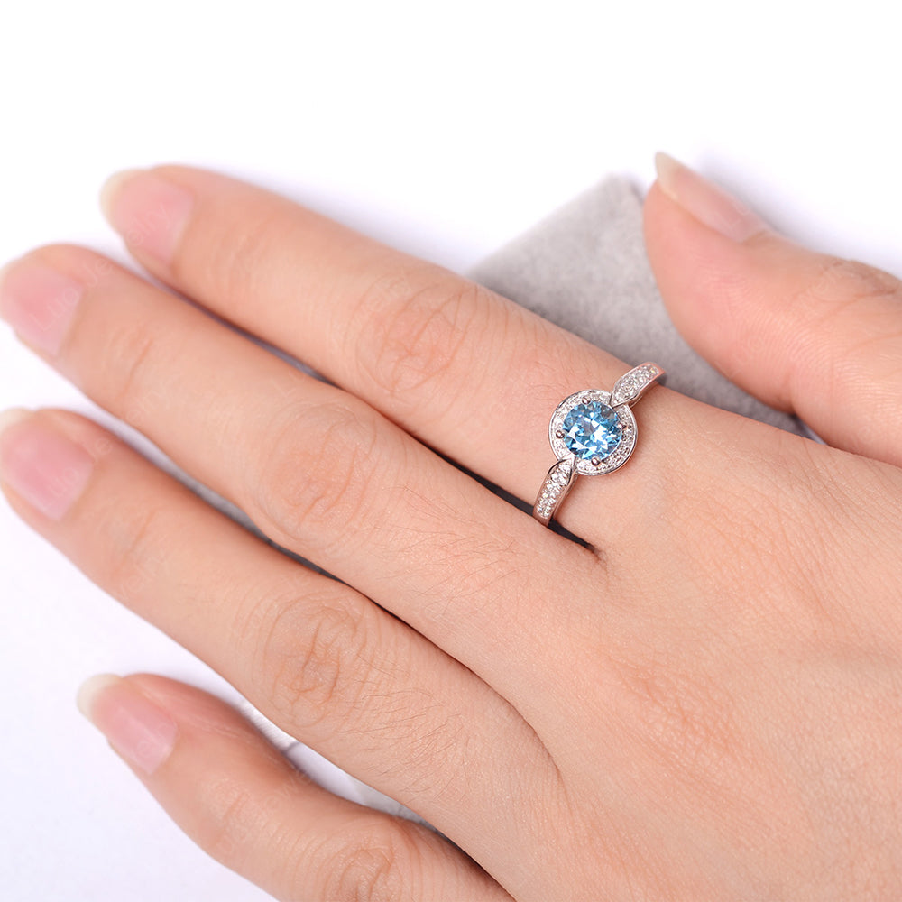 Round Cut Swiss Blue Topaz Halo Wedding Ring Gold - LUO Jewelry