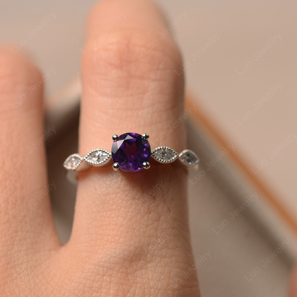 Amethyst Ring Round Cut Ring Art Deco - LUO Jewelry