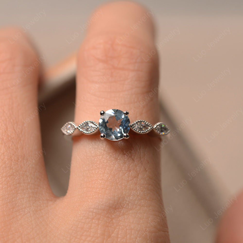 Aquamarine Ring Round Cut Ring Art Deco - LUO Jewelry