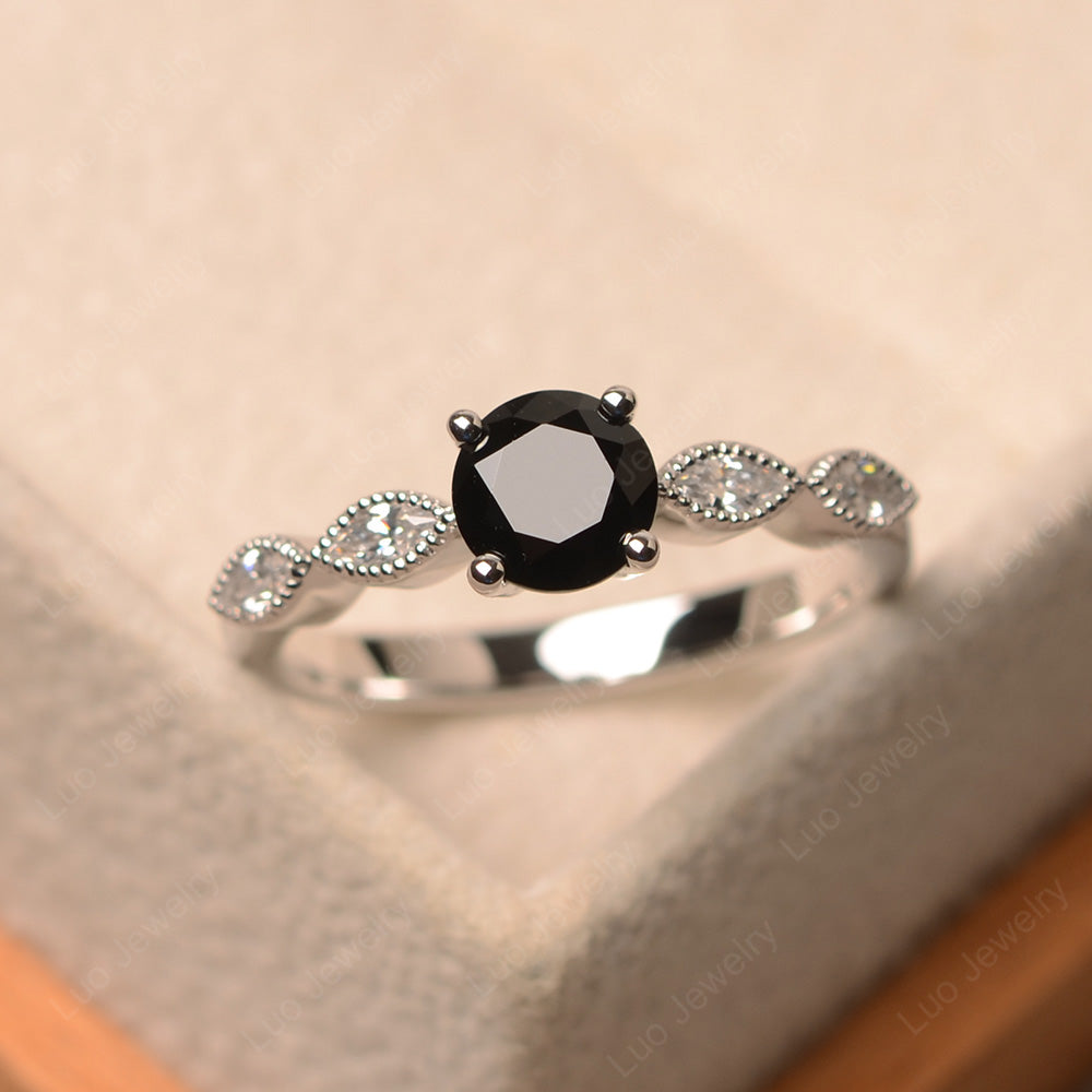 Black Spinel Ring Round Cut Ring Art Deco - LUO Jewelry