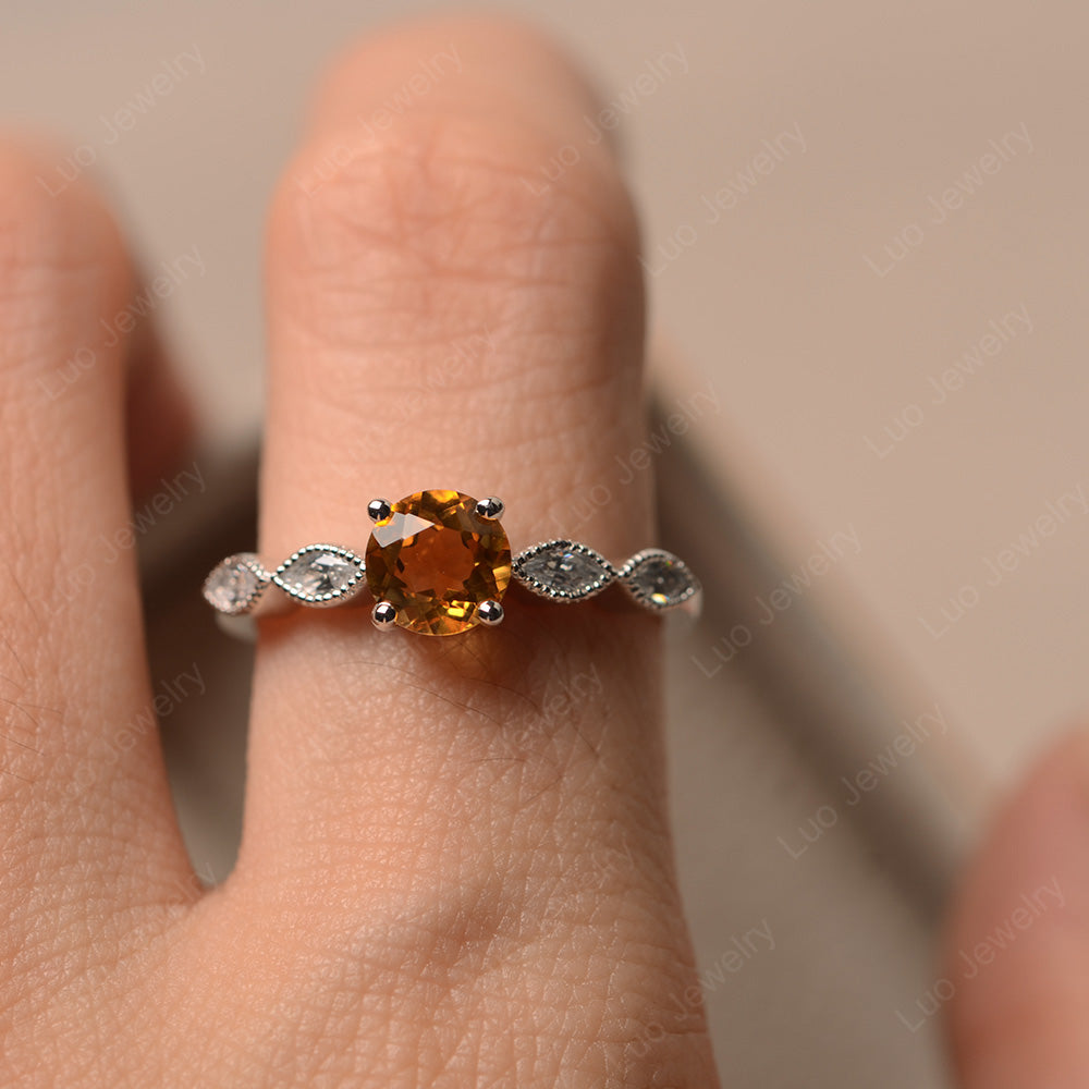 Citrine Ring Round Cut Ring Art Deco - LUO Jewelry