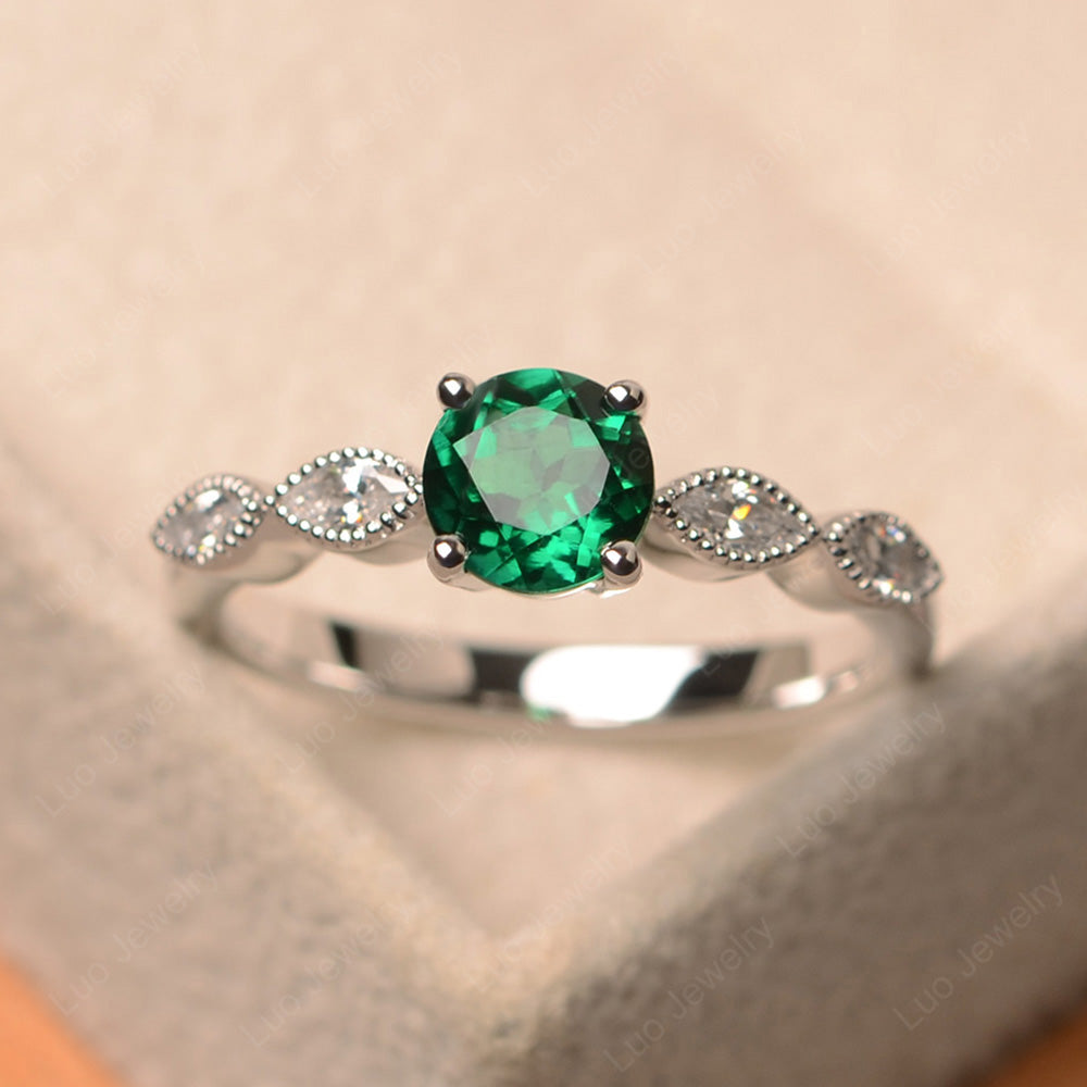 Lab Emerald Ring Round Cut Ring Art Deco - LUO Jewelry