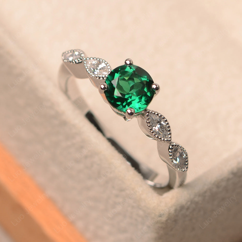 Lab Emerald Ring Round Cut Ring Art Deco - LUO Jewelry