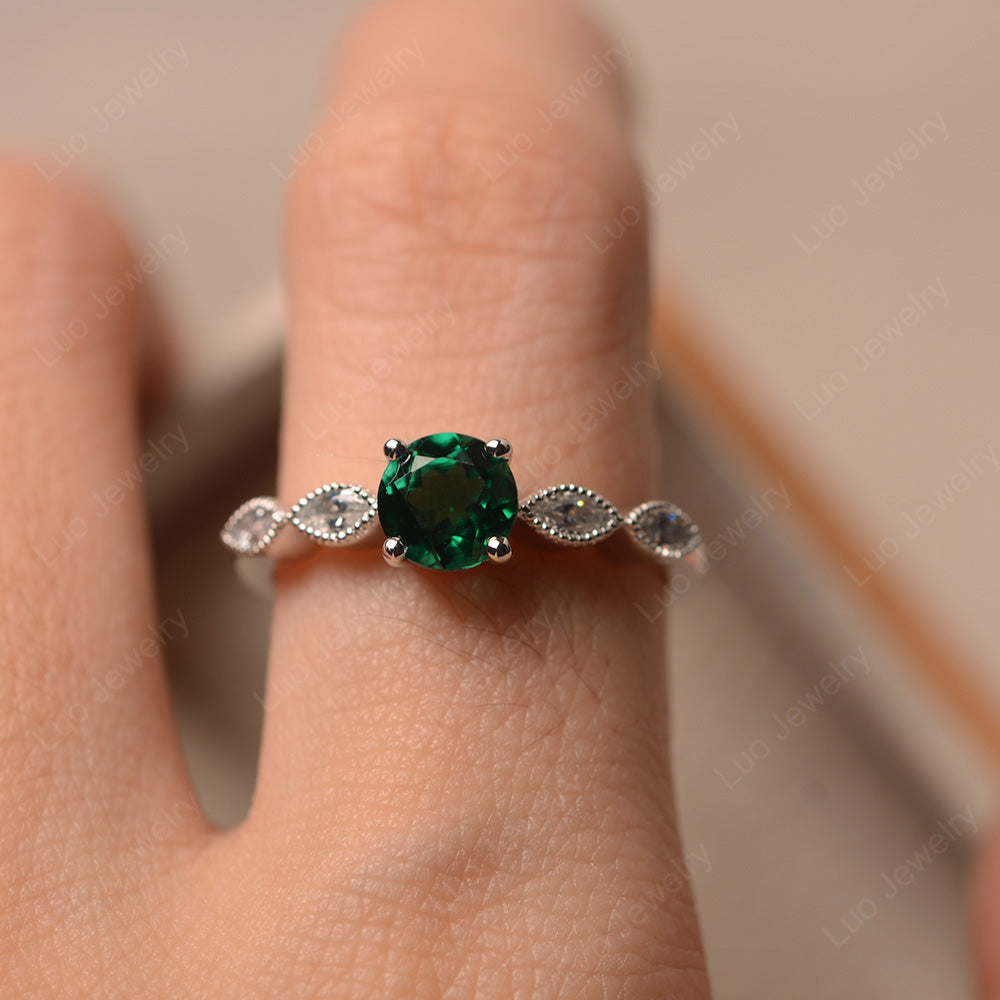 Lab Emerald Ring Round Cut Ring Art Deco - LUO Jewelry