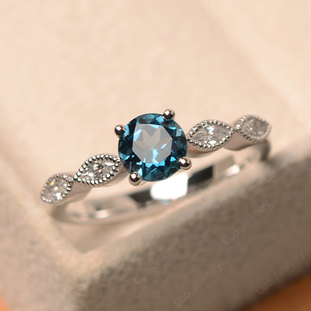 London Blue Topaz Ring Round Cut Ring Art Deco - LUO Jewelry