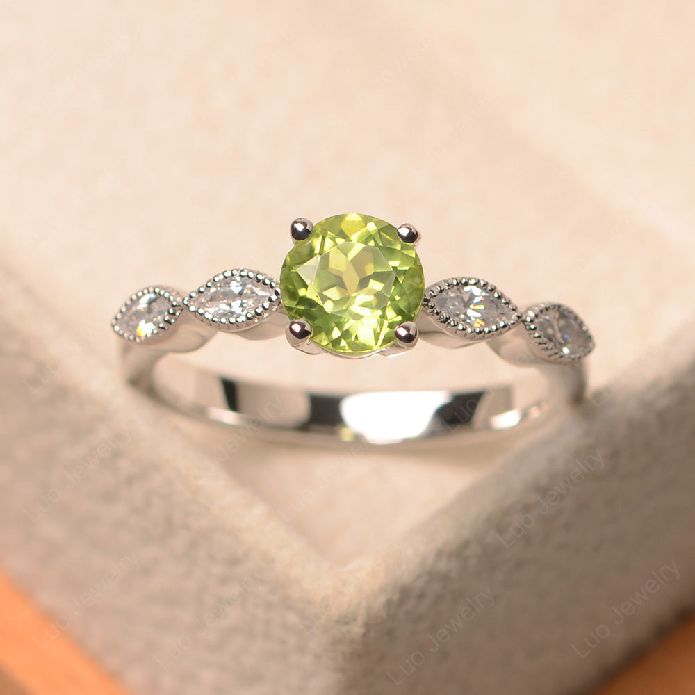 Peridot Ring Round Cut Ring Art Deco - LUO Jewelry