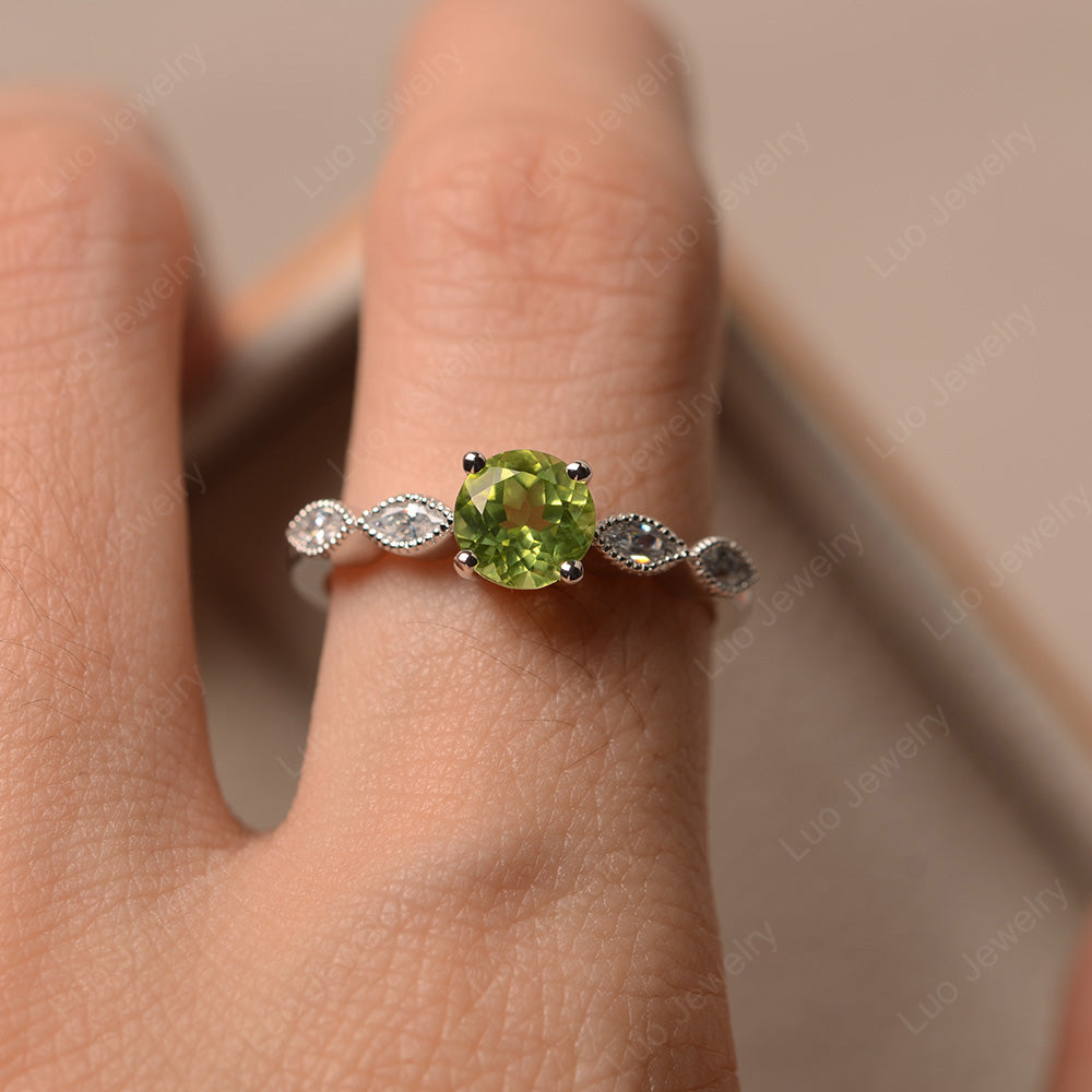 Peridot Ring Round Cut Ring Art Deco - LUO Jewelry