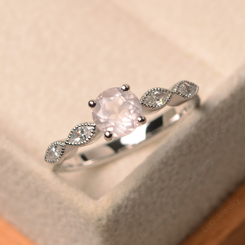 Rose Quartz Ring Round Cut Ring Art Deco - LUO Jewelry