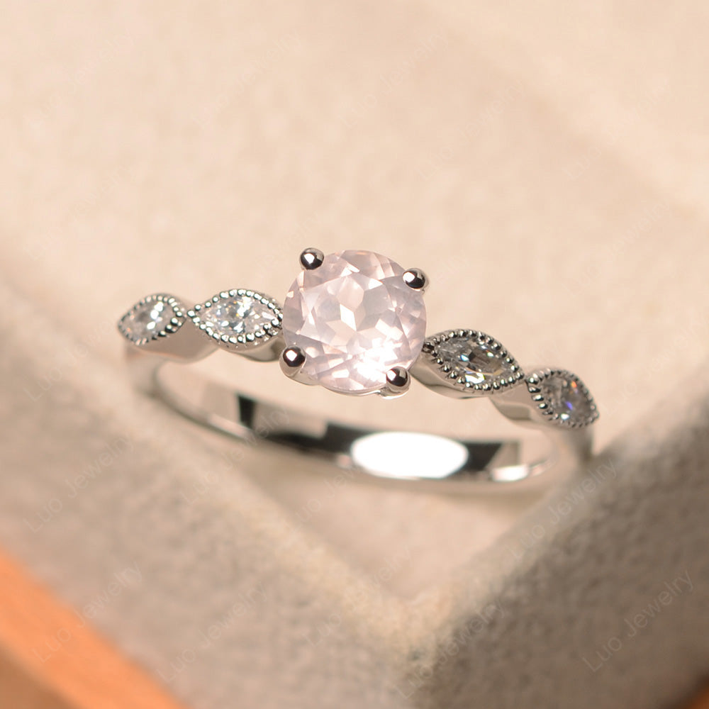 Rose Quartz Ring Round Cut Ring Art Deco - LUO Jewelry