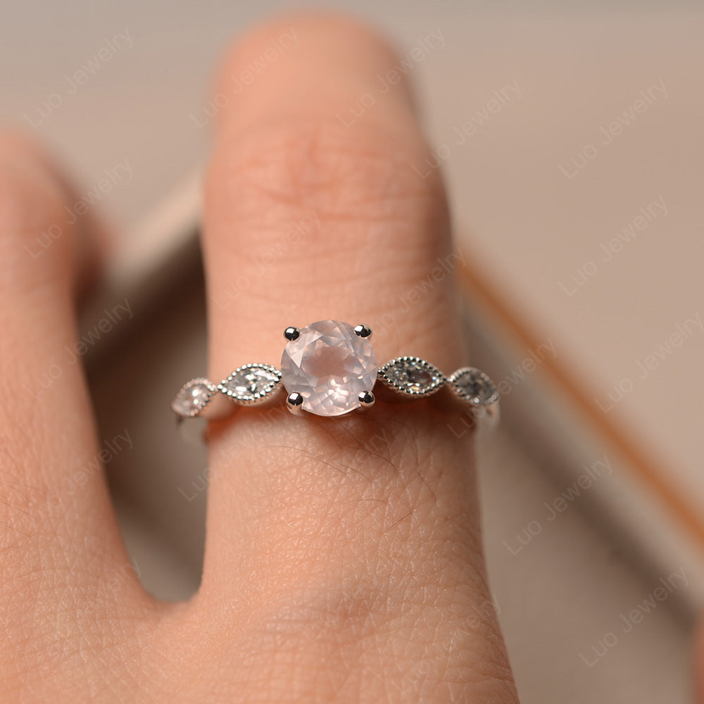Rose Quartz Ring Round Cut Ring Art Deco - LUO Jewelry