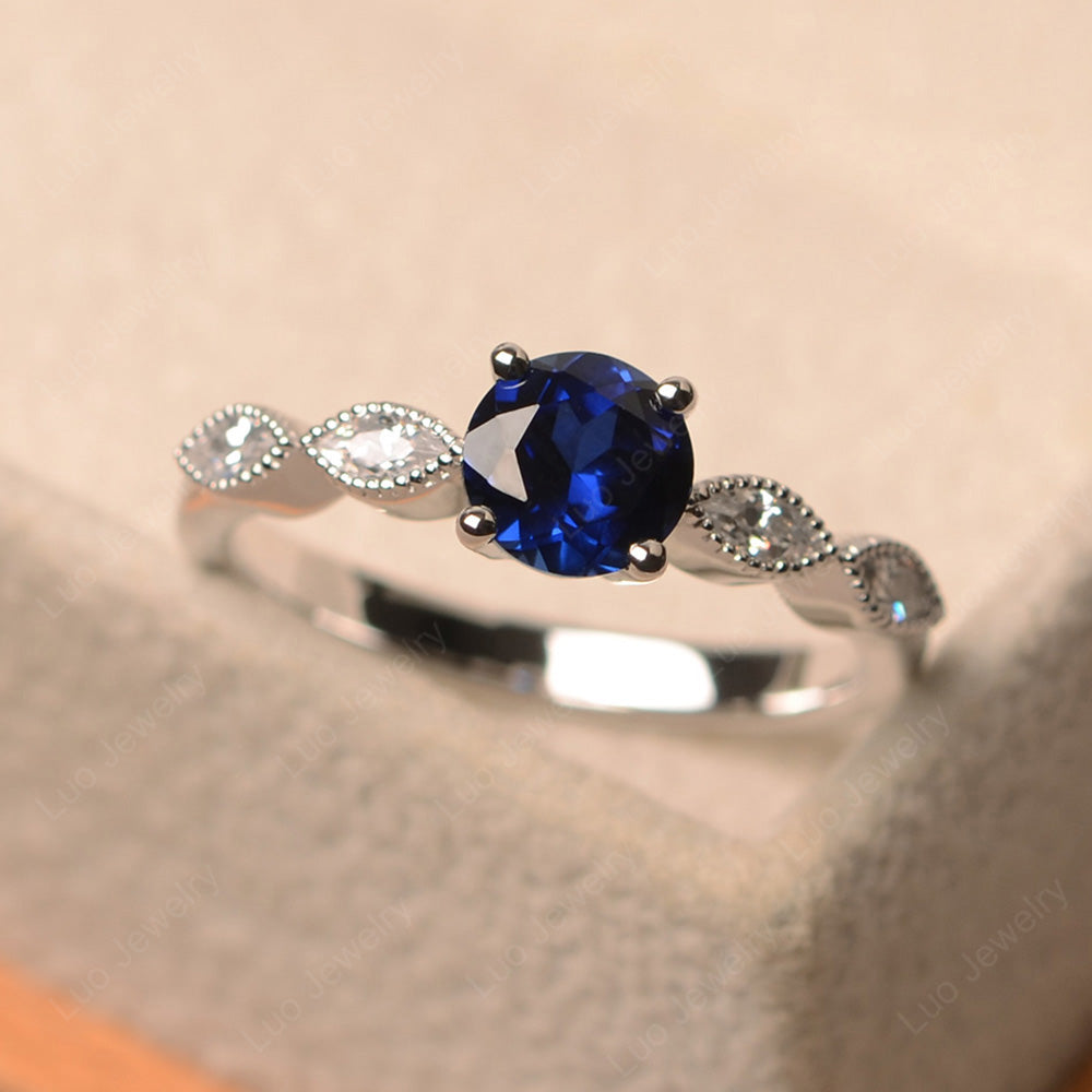 Lab Sapphire Ring Round Cut Ring Art Deco - LUO Jewelry