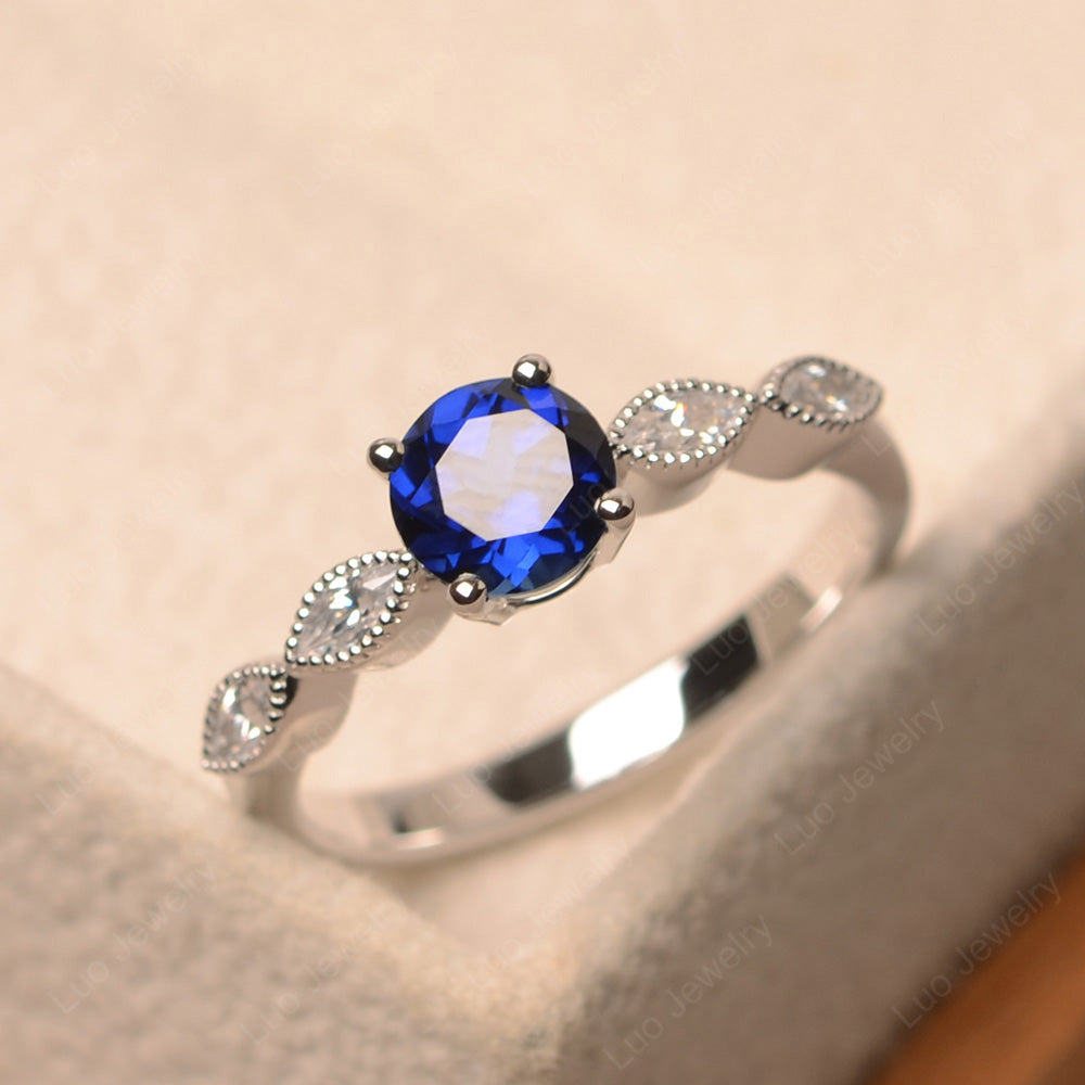 Lab Sapphire Ring Round Cut Ring Art Deco - LUO Jewelry