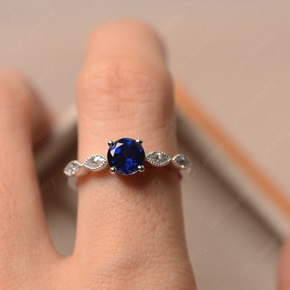 Lab Sapphire Ring Round Cut Ring Art Deco - LUO Jewelry