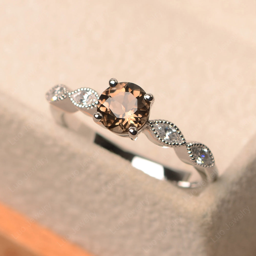 Smoky Quartz  Ring Round Cut Ring Art Deco - LUO Jewelry